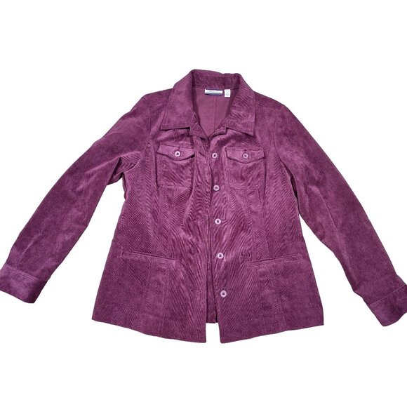 Croft & Barrow Plum Corduroy Jacket Button Front Collared Pockets Stretch Medium - Picture 3 of 9